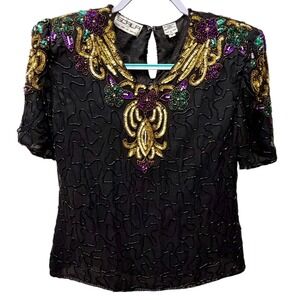 Vintage Scala Beaded 100% Pure Silk Mardi Gras Top Purple Green Gold Size M EUC